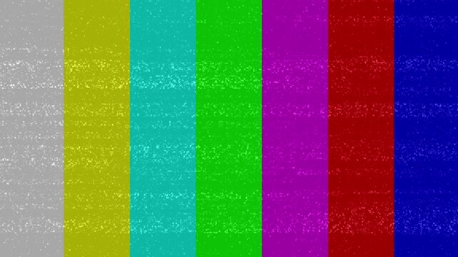 Vibrant retro television test pattern displaying classic vertical color bars with grainy static noise.