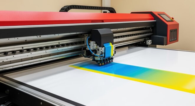 Large format printer creating colorful gradient print on white material. The machine features red and black casing with visible print heads. Perfect for printing business or design content.