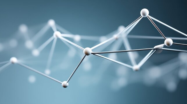 Abstract composition of interconnected lines and spheres representing digital networks and data structures in a blue background with depth and dimension - Powered by Adobe