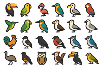 Fototapeta premium Colorful bird illustrations showing a variety of species in different shapes and forms on a simple background