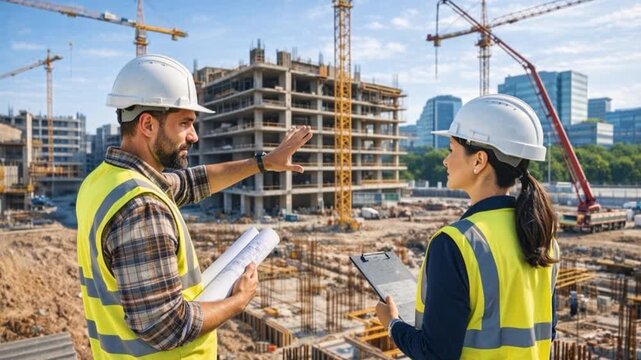 Male civil engineer and female building architect use a tablet computer on a city construction site. Engineering consulting people on construction site holding tablet computer in his hand.
