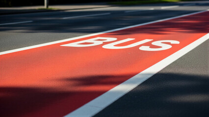 Red bus lane marking on asphalt road
