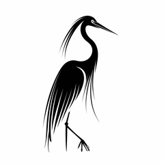 Obraz premium Elegant black silhouette illustration of a standing heron or graceful wading bird with stylized feathers, minimalist graphic design