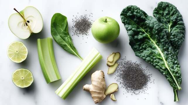 Photorealistic flatlay of fresh green smoothie ingredients, healthy nutrition concept