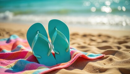Turquoise flip-flops rest on a colorful beach towel on warm sand. Gentle ocean waves roll toward the shore under a clear blue sky. This scene evokes sunny summer vacation bliss and relaxation.