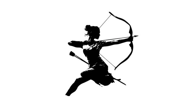 Dynamic female archer silhouette aiming a bow and arrow, symbolizing strength, precision, skill, and ancient warrior spirit.