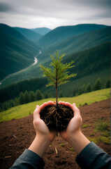 A person holding a small tree in their hands.