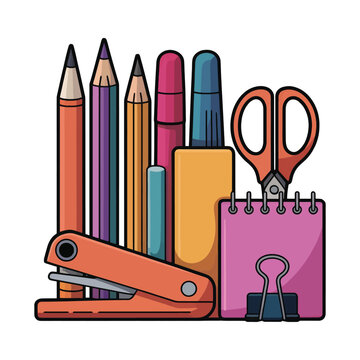 Office and school supplies stationery vector bundle with colorful hand drawn style
