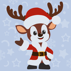 Adorable brown reindeer dressed in Santa Claus costume. Perfect for Christmas cards, children design, holiday banners, winter illustrations and festive promotional graphics