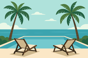 Poolside scene with palm trees and ocean view during sunny day
