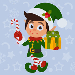 Cheerful Santa’s helper elf in green costume holding gift box and striped candy cane. Ideal for Christmas banners, cards, invitations and festive holiday designs