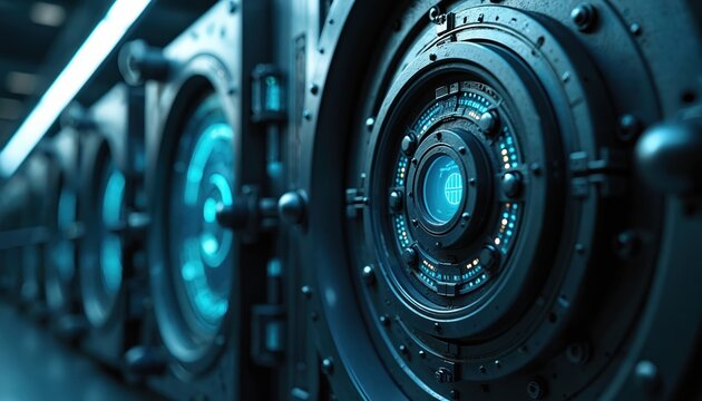 Futuristic server racks with glowing blue lights and circular digital screens. High tech data storage units are in a secure server room. Networks and cyberspace security concepts. - Powered by Adobe