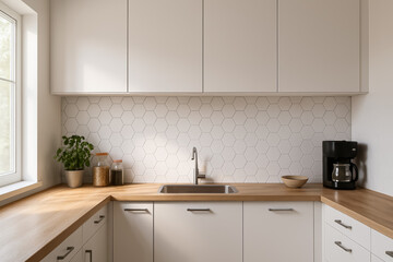 Modern kitchen interior with minimalist design and natural light