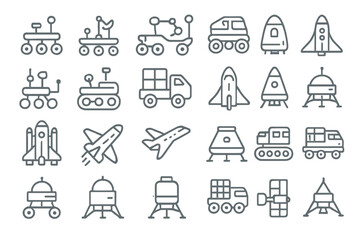 Different types of space and transport vehicles in a simple line style with varied designs and features
