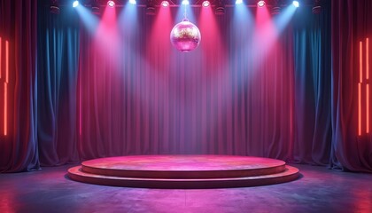 Empty stage with disco ball, vintage 70s style. Colorful spotlights illuminate a round podium and velvet curtains. Neon lights add retro ambiance. Nightclub, theater setting.