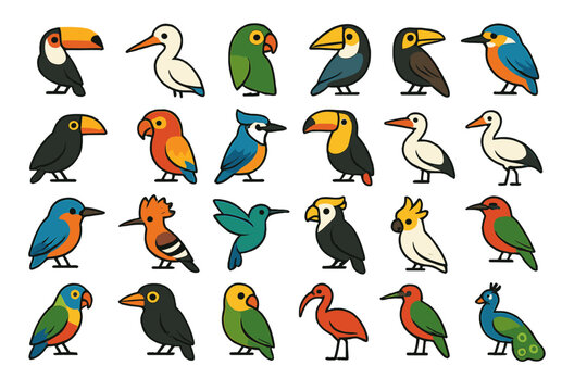 Colorful birds in various poses and styles arranged in a grid showing their distinct shapes and features