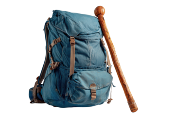 Outdoor gear displayed with backpack and walking stick on transparent background