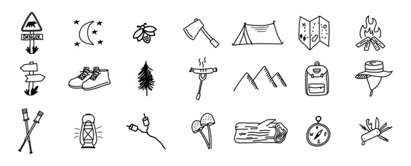doodle camping icon hand drawing bon fire, tent wild hiking element © izzul fikry (ijjul)