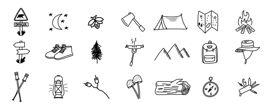 doodle camping icon hand drawing bon fire, tent wild hiking element