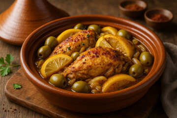 Delicious chicken tagine with olives and lemon slices served in bowl