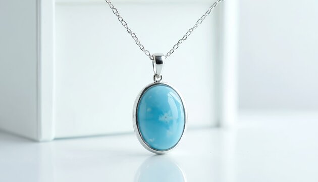 Oval larimar stone pendant on silver chain. Blue gemstone jewelry accessory for women. Minimalist, elegant, and delicate necklace for daily wear or special occasions. Rare Caribbean treasure.