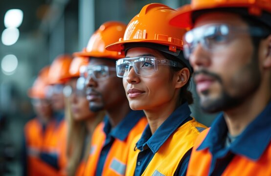 Diverse workers wearing hard hats and safety goggles stand in a factory. They are focused on machinery, ready for production. Teamwork in manufacturing industry. Safety is.