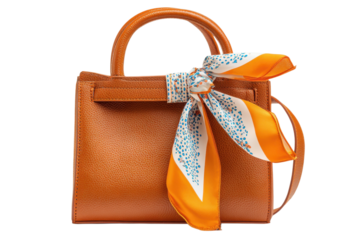 Women handbag with silk scarf tied around the handle on transparent background