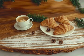 Coffee cup with croissants on wooden table.