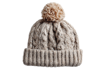 Wool hat folded with a pom pom showing clearly on transparent background