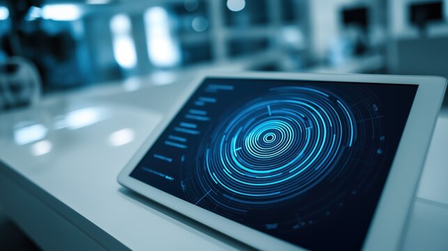 Tablet Displaying Futuristic Circular Data Interface - Powered by Adobe