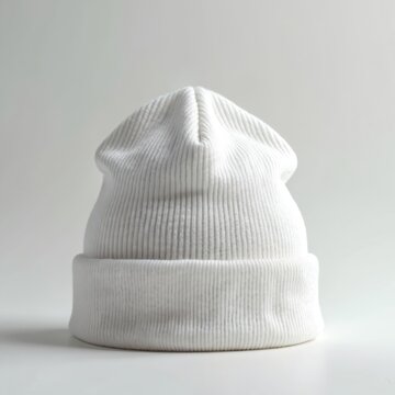 White knitted beanie hat with ribbed texture. Plain blank accessory on white background. Soft warm headwear for cold weather or winter outdoor activities. Great for mockups.