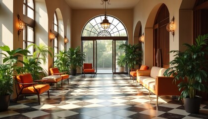 Fototapeta premium Sunlit hotel lobby features black, white checkered floor, orange mid-century modern chairs, sofa. Green plants adorn elegant reception area. Arched doorways lead to exterior views, creating tranquil