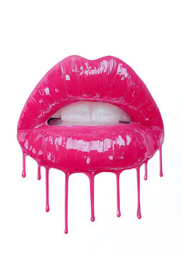 Vibrant pink lips with glossy finish dripping paint, capturing beauty and artistry in a striking, bold visual representation.
