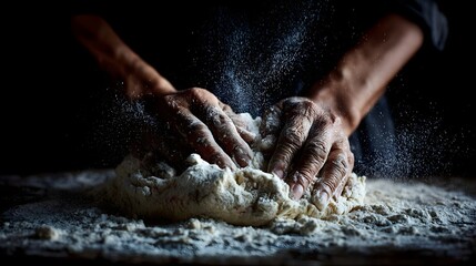 Close-up of hands kneading dough with flour in the air on a dark background, dramatic lighting. Concept: Artisan baking, traditional craftsmanship, handmade food, culinary art, heritage skills, slow l
