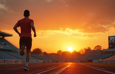 Obraz premium Man runs on stadium track at sunset. Athletic runner in motion, sunset sky paints clouds orange. Athlete pursues a goal, trains for competition, achieves victory.