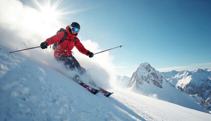 Skier athlete carves down snowy mountain slope on sunny day. Man in red jacket skis fast, creating powder snow cloud. Winter sport adventure in landscape.