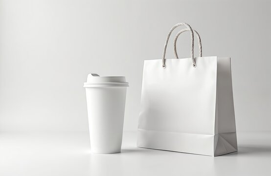 Clean white paper cup with lid and shopping bag mockup. Items for hot beverage or purchase. Great for cafe, retail, and branding design. Studio product shot.