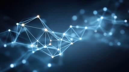Abstract connection of luminous dots and lines representing communication, data flow, technology, digital network, and artificial intelligence on a blue background