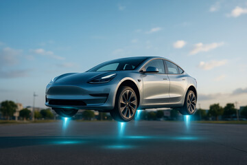 Obraz premium Futuristic silver car hover technology with blue ambient lights