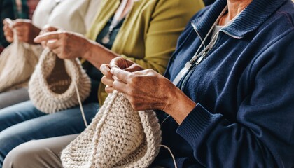 Empowering community through flat knitting for chemo caps closeup of volunteers creating soft caps