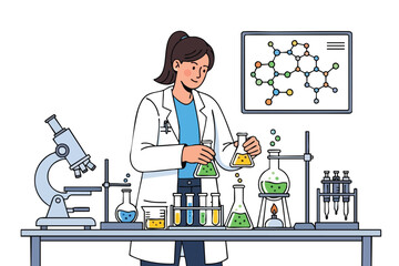 A scientist in a lab coat performs experiments with various scientific equipment