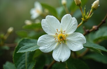 Macro shot of delicate white bramble flower with water drops. Soft green leaves and buds create bokeh background. Wild plant blooms in summer garden.
