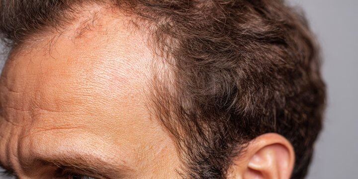 Man experiencing male pattern baldness and receding hairline