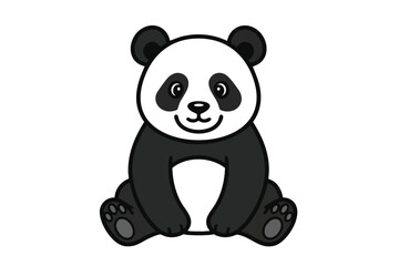 Cute cartoon panda, sitting upright with black and white fur, smiling face