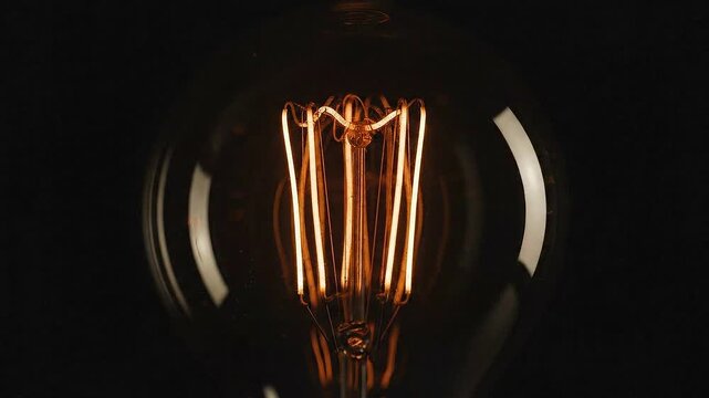 Close-up of a vintage Edison incandescent light bulb filament glowing warm orange in darkness on black background studio shot
