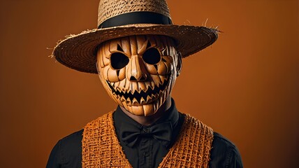 Man with Halloween makeup mask in straw hat 