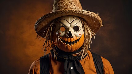 Scarecrow with Jack-o'-lantern pumpkin face