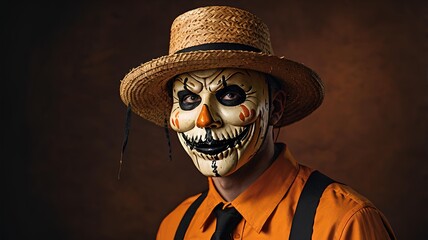 Man with Halloween makeup mask in straw hat scarecrow costume 