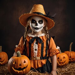 Girl for Halloween  in straw hat as a scarecrow 