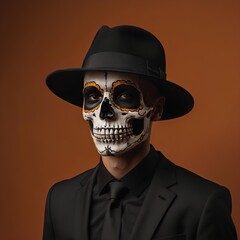 Young man in black suit, hat and with painted skull on his face isolated on plain dark orange background studio portrait 
